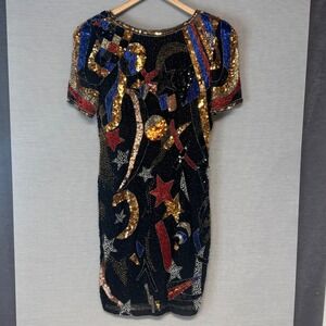 Vintage NITE LINE Beaded Celestial Star Moon Sequin Dress Black Size 8